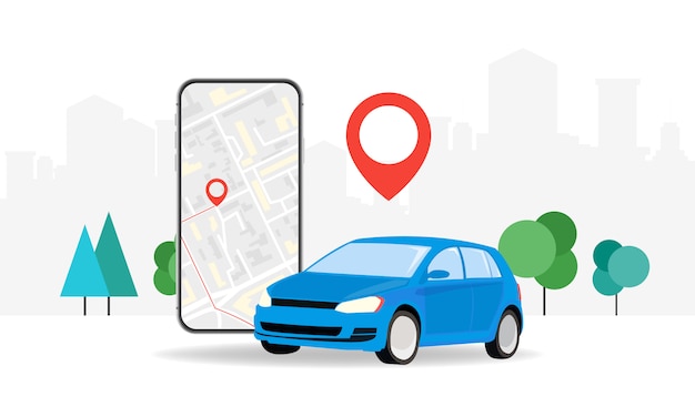 Konzepte Online-Bestellung eines Taxis über den mobilen Anwendungsdienst. Smartphone-Bildschirm auf dem Hintergrund der Stadt mit dem Standort der Route und den Punkten auf der Karte. Illustration