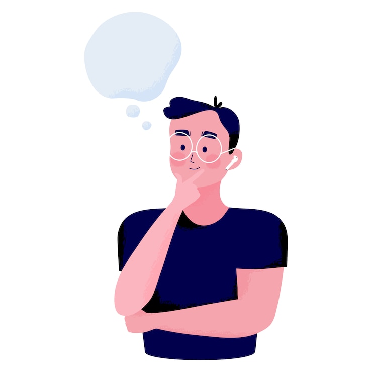 Vektor konzeptillustration einer jungen mannhaltung durch platzieren eines fingers auf dem kinn und lächeln, das an etwas mit textraum denkt
