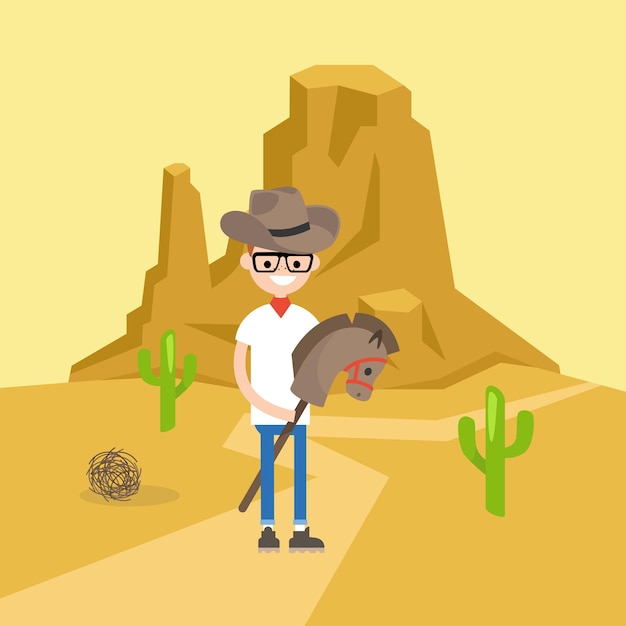Vektor konzeptionelle darstellung des wilden westens kleiner junge, der einen cowboyhut trägt und auf einem steckenpferd reitet, flach editierbare vektorgrafiken