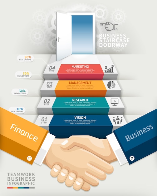 Konzeptionelle infografiken der treppenhaus-tür des geschäftsteams.