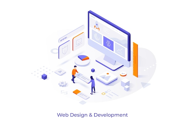 Konzeptionelle Vorlage mit Computer und Personen, die Website-Schnittstelle erstellen Szene für Webdesign und Entwicklung Site Builder Online-Tool oder Service Moderne isometrische Vektordarstellung für Webseite