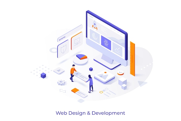 Konzeptionelle vorlage mit computer und personen, die website-schnittstelle erstellen szene für webdesign und entwicklung site builder online-tool oder service moderne isometrische vektordarstellung für webseite