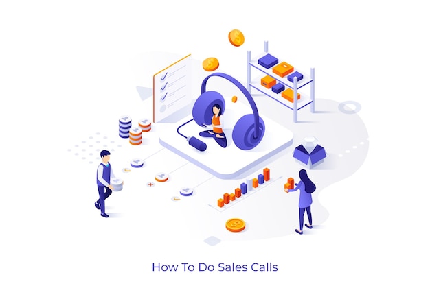 Vektor konzeptionelle vorlage mit verkäufer-dispatcher- oder telemarketer-riesenkopfhörer-diagrammen szene für verkaufsanrufe mobil- oder telefonmarketing moderne isometrische vektordarstellung für website