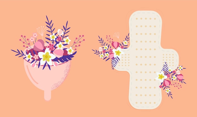 Konzeptvektor für den Menstruationszyklus im flachen Stil Menstruationstasse und Hygienekissen mit tropischen Blumen und Blättern