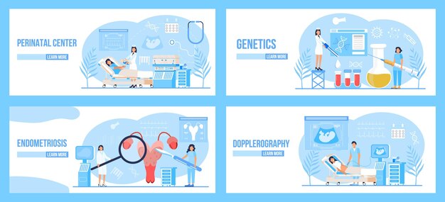 Konzeptvektor für dopplerographie-perinatalzentrum für zielseite arzt führt ultraschall-fötus-screening-untersuchung im klinikbüro durch endometriose-endometrium-dysfunktion