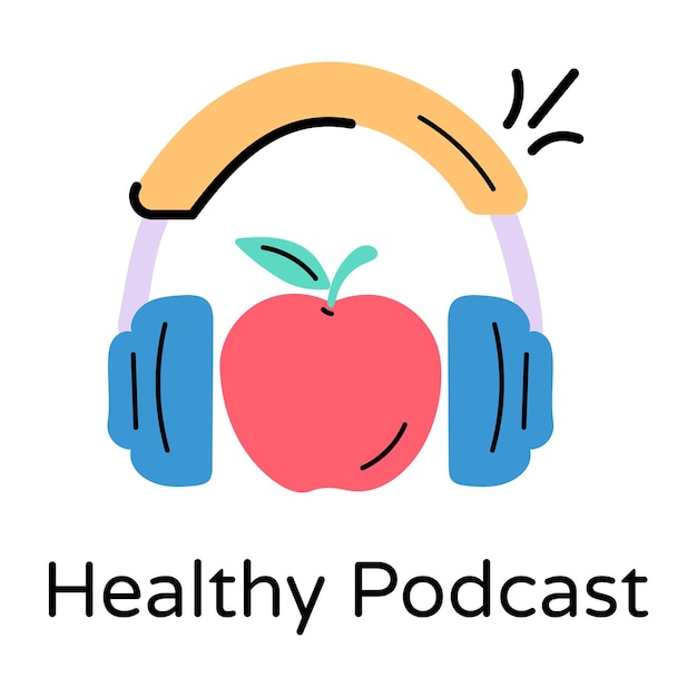 Kopfhörer mit apfel, doodle-symbol für gesunden podcast