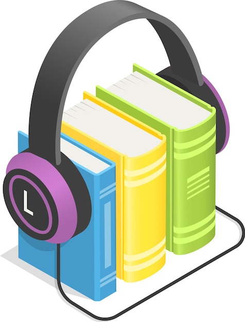 Kopfhörer umgeben sanft einen Stapel lebendiger Bücher, die das eindringliche Erlebnis symbolisieren, Hörbücher zu hören und Literatur in einem modernen Format zu genießen