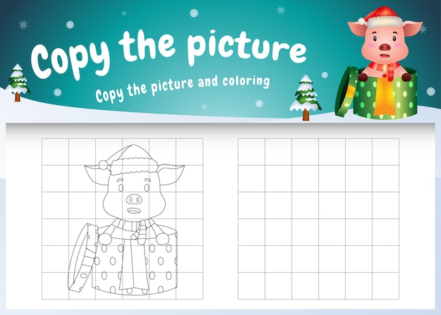 Kopieren sie das bild kinderspiel und die malvorlage mit einem süßen schwein im weihnachtskostüm