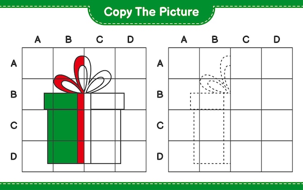 Kopieren Sie das Bild, kopieren Sie das Bild von Geschenkboxen mit Gitterlinien. Pädagogisches Kinderspiel, druckbares Arbeitsblatt