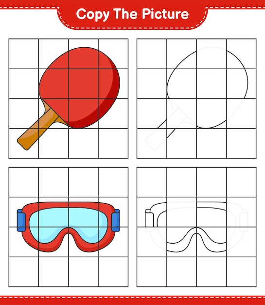 Kopieren sie das bild, kopieren sie das bild von ping pong racket und goggle mit rasterlinien. pädagogisches kinderspiel, druckbares arbeitsblatt, vektorillustration