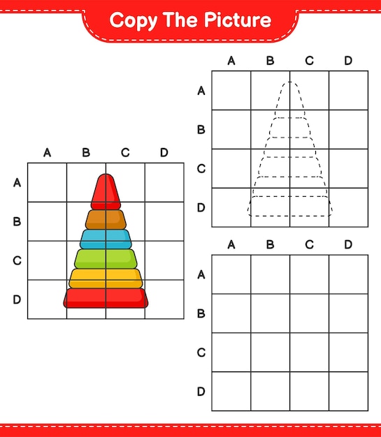 Kopieren sie das bild kopieren sie das bild von pyramid toy mit rasterlinien pädagogisches kinderspiel druckbares arbeitsblatt vektorillustration