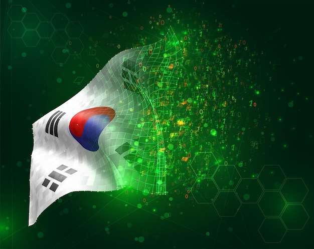 Korea, vektor-3d-flagge auf grünem hintergrund mit polygonen und datennummern