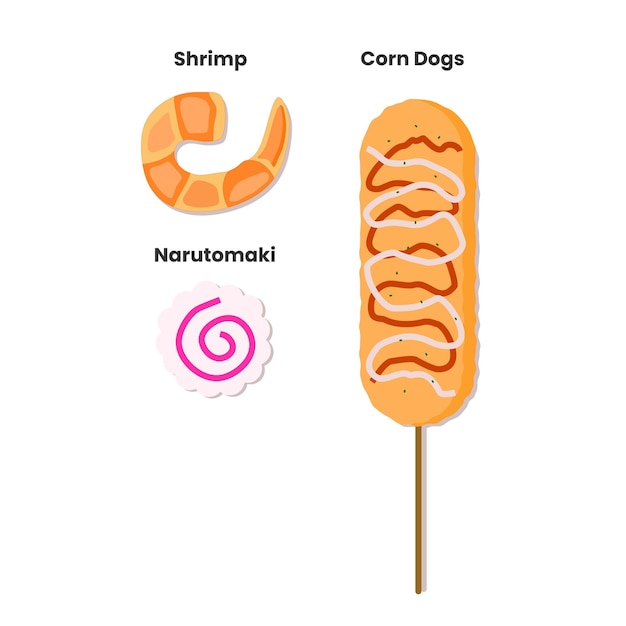 Koreanische corndog-illustration, käsig und knusprig mit mozzarella und chilisauce. narutomaki und s