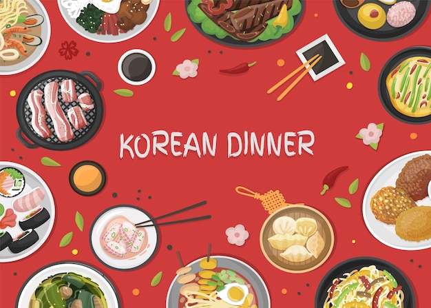 Koreanisches abendessen, hintergrund, draufsicht, asiatisches barbecue, traditionelles buffet, grill, kimchi und sojasauce, chinesische japanische küche, neoterisches vektor-tischbanner