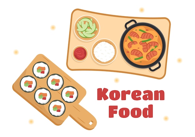 Koreanisches essen menü mit verschiedenen traditionellen oder nationalen köstlichen gerichten illustration