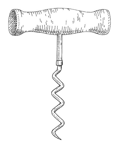 Korkenzieher aus holz. weinlese, die graue monochrome illustration ausbrütet.