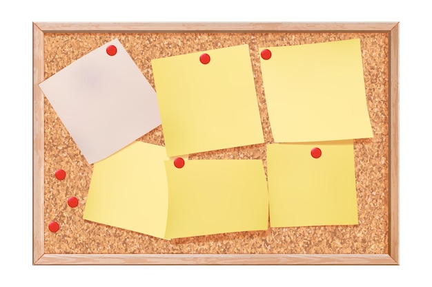 Korktafel mit mehreren gepinnten Blättern gelbem Papier