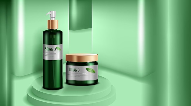 Vektor kosmetik- oder hautpflegeprodukt. grüne flasche und grüner wandhintergrund.