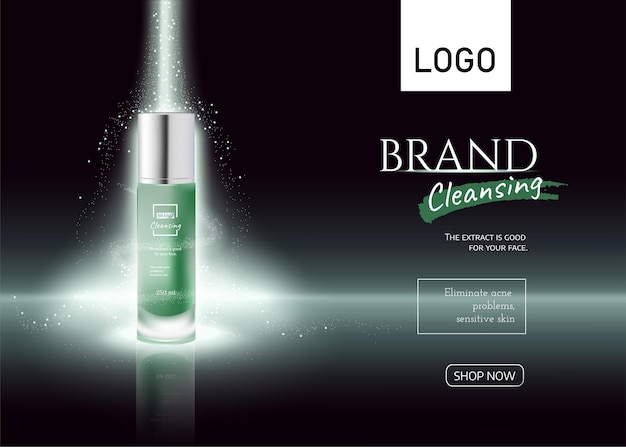 Kosmetikflasche auf lichteffekt grünes banner kosmetikrohr produktanzeigen realistischer 3d-vektor