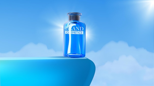 Kosmetikproduktanzeigen auf blauem Podium mit Hintergrund des klaren Himmels mit Wolken