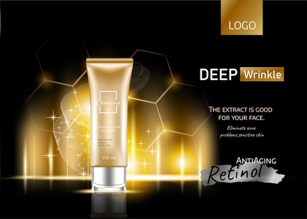 Kosmetische produktanzeigen goldene lichteffektfarbe und flaschenkosmetik mit funkelnden lichtern