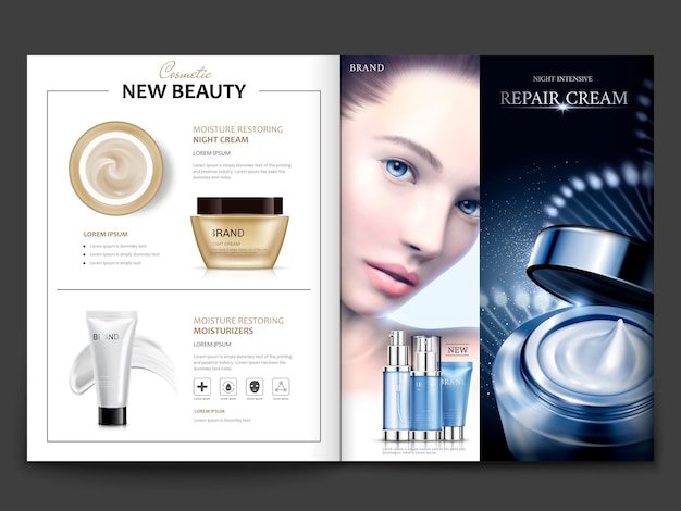 Kosmetisches magazindesign, attraktives modell mit hautpflegesets auf dna-strukturhintergrund in 3d-darstellung