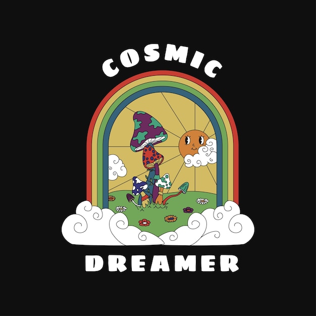 Kosmischer Träumer Pilze Regenbogen und Sonne im Vintage-Stil Für T-Shirt-Drucke und andere Anwendungen