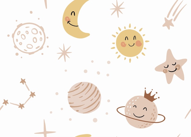 Kosmisches nahtloses Muster der netten Karikatur. Planeten, Sonne, Sternschnuppen. Cosmos Kids Kunstdesign für das Kinderzimmer