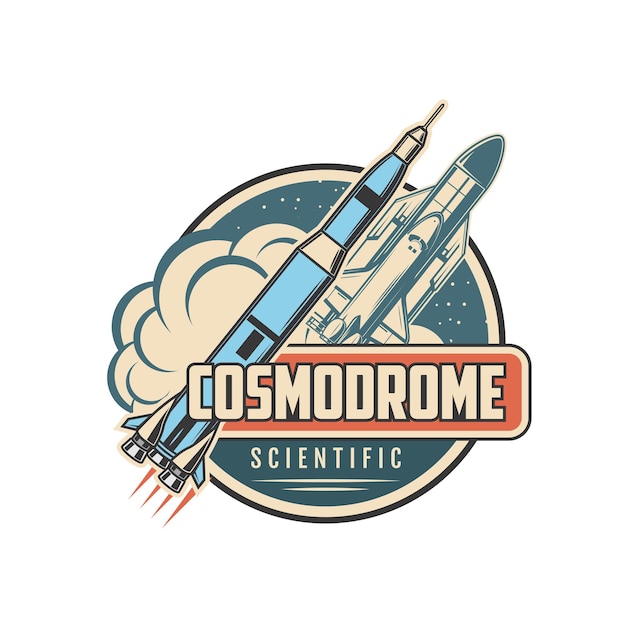 Kosmodrom-Ikone mit Weltraumrakete und Shuttle