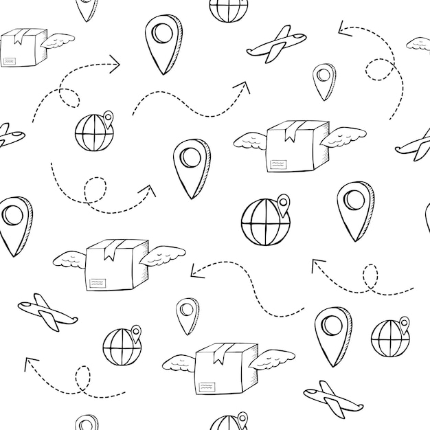 Kostenlose sichere internationale lieferwaren nahtloses muster der lieferung im doodle-stil