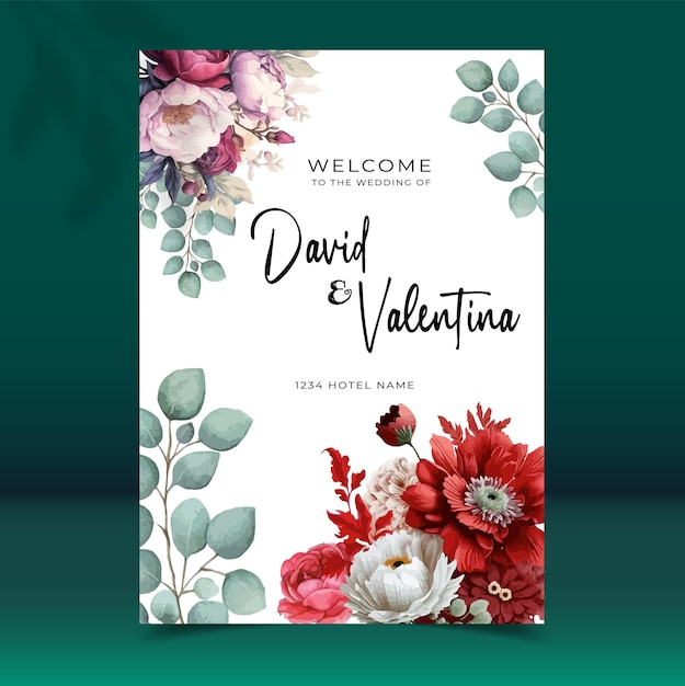 Kostenlose Vektor-Hochzeitseinladungskarte mit wunderschönen blühenden Blumen