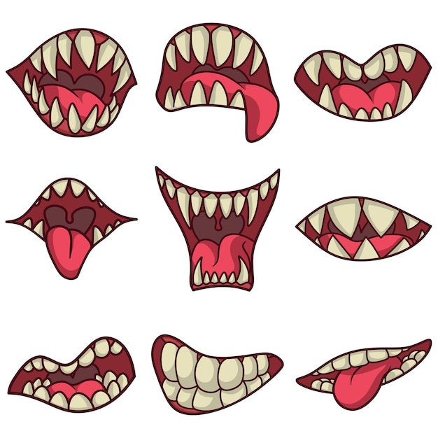 Vektor kostenlose vektor-illustrationssammlung von mund mit reißzähnen und klaffender zunge