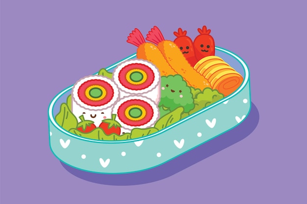 Kostenlose Vektor kawaii Bento asiatische japanische Lunchbox-Illustration