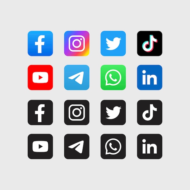 Kostenlose Vektor-Social-Media-Symbole, Vektorset mit Facebook-Instagram-Twitter-Tiktok-Youtube-Logos