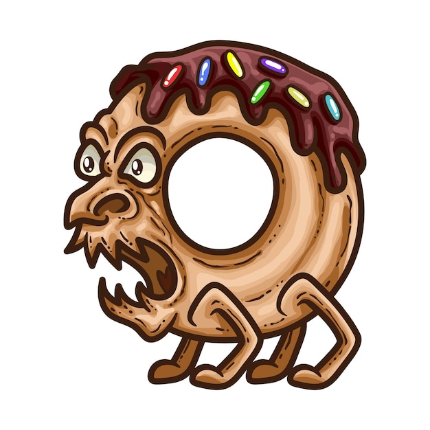 Vektor kostenlose vektorillustration eines verrückten und gruseligen donut-monster-aufklebers