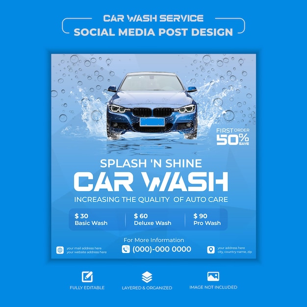 Kostenlose Vektorreinigungsdienst Autowaschen Social Media Post Design Vorlage oder Web-Banner mit Mockup