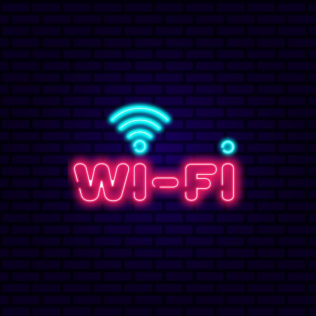 Kostenlose Wi-Fi-Neon-Schildern, nächtliche helle Werbeleuchten, Inschrift, Vektorillustration