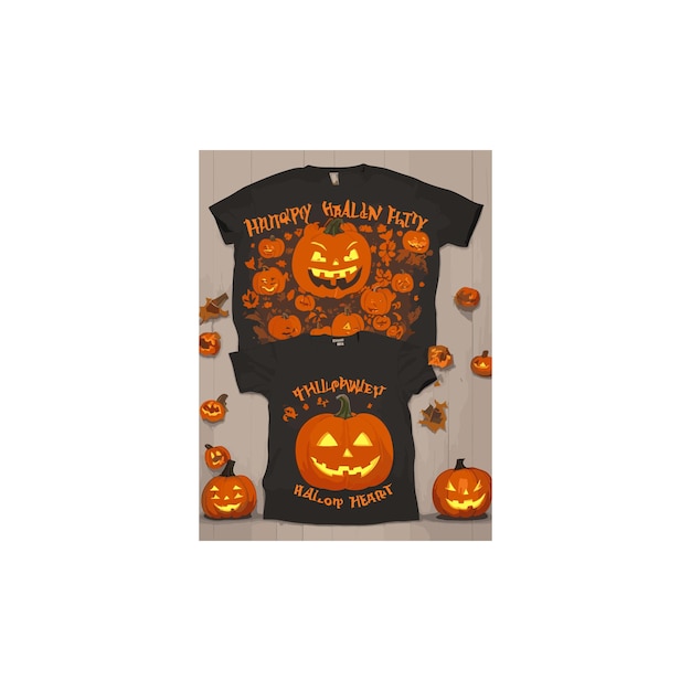 Vektor kostenloses vektor-halloween-kürbis-t-shirt-design, umgeben von herbstblättern und einem vollmond im hintergrund