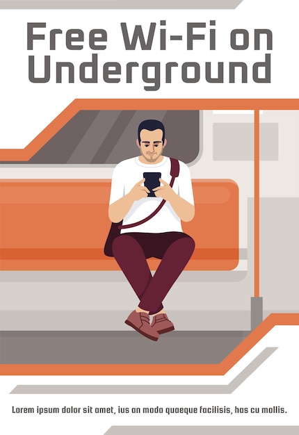 Vektor kostenloses wlan auf u-bahn-poster-vorlage. kommerzielles flyerdesign mit halbflacher illustration. vektor-cartoon-promo-karte. werbeeinladung für die netzabdeckungszone des öffentlichen verkehrs