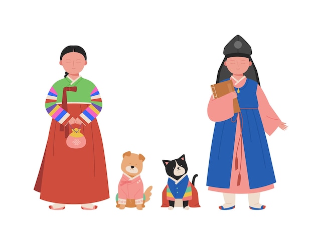Kostüme für kinder von joseon, der alten nation koreas, handgezeichnete vektorillustration