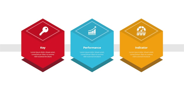 KPI-Leistungsindikator-Infografik-Vorlage-Diagramm mit sechseckigem Behälter in horizontaler Richtung mit 3-Punkt-Schritt-Design für die Diapräsentation