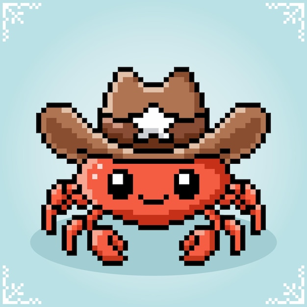 Vektor krabbe mit cowboyhut in 8-bit-pixelkunst. tiere in vektorillustration für retro-spiele