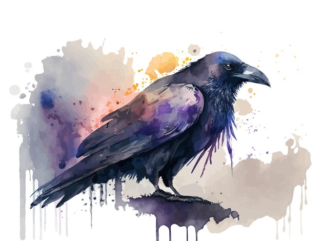 Vektor krähenvektor-aquarellillustration schwarzer vogel mit farbspritzern