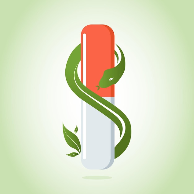 Vektor kräuterkapsel-logo mit blattgrüner schlange im medizin-illustrationsvektor