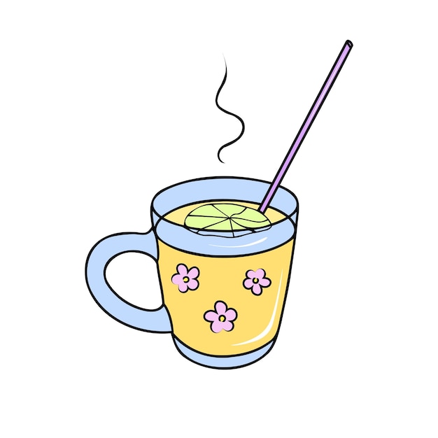 Kräutertee mit zitrone im glas hand gezeichnete illustration