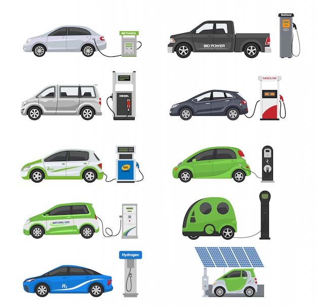 Kraftstoffalternativfahrzeugvektor-teamauto oder gas-lkw und solar-van oder benzin-elektrizitätsstationillustrationssatz