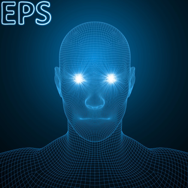 Kraftvolle Energiestrahlen an den Augen des menschlichen Hologrammkopfes.