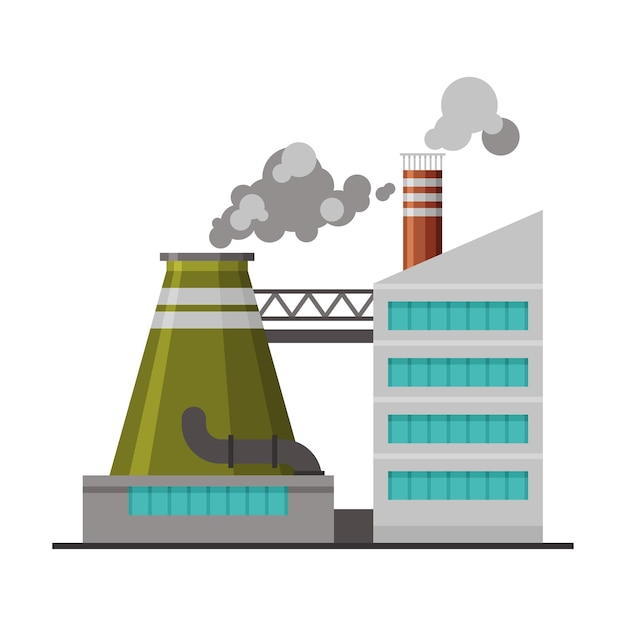 Vektor kraftwerk industriefabrikgebäude mit rauchenden schornsteinen flache vektor-illustration