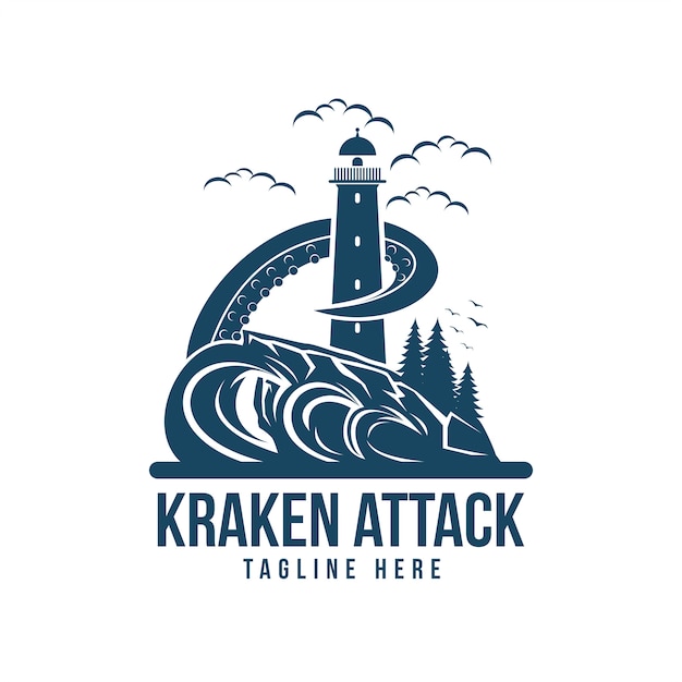 Kraken-angriffs-leuchtturm-vektorillustration