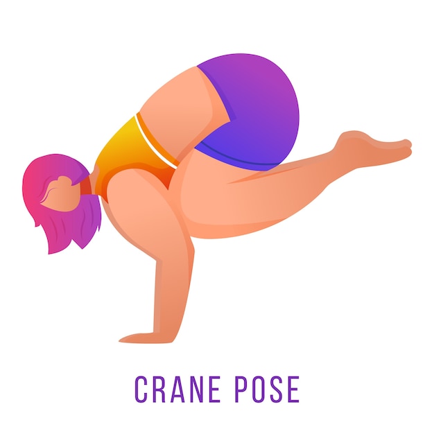 Krane Pose flache Illustration. Bakasana Haltung. Kaukausische Frau, die Yoga in orange und lila Sportbekleidung tut. Training, Fitness. Körperliche Bewegung. Isolierte Zeichentrickfigur auf weißem Hintergrund